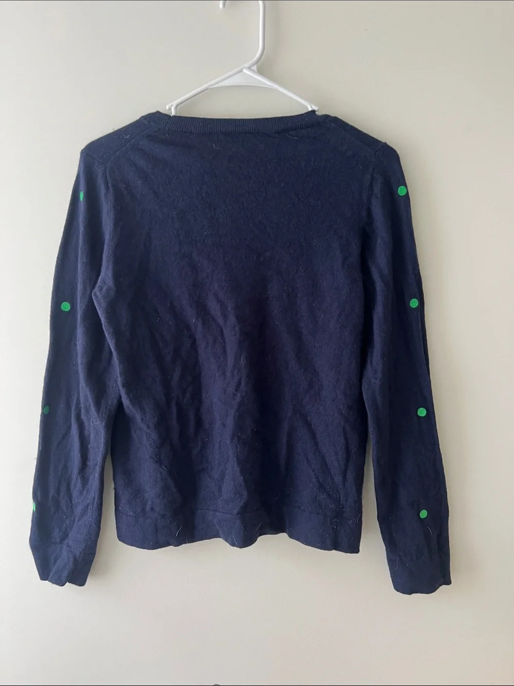 J. Crew Navy Crewneck Sweater with Green Polka Dots
